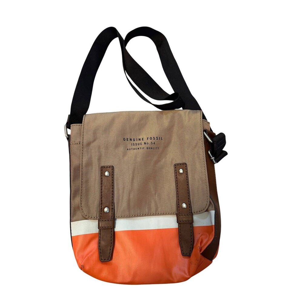 Fossil Canvas Messenger Bag Crossbody Adjustable Strap Tan Orange Shoulder Bag